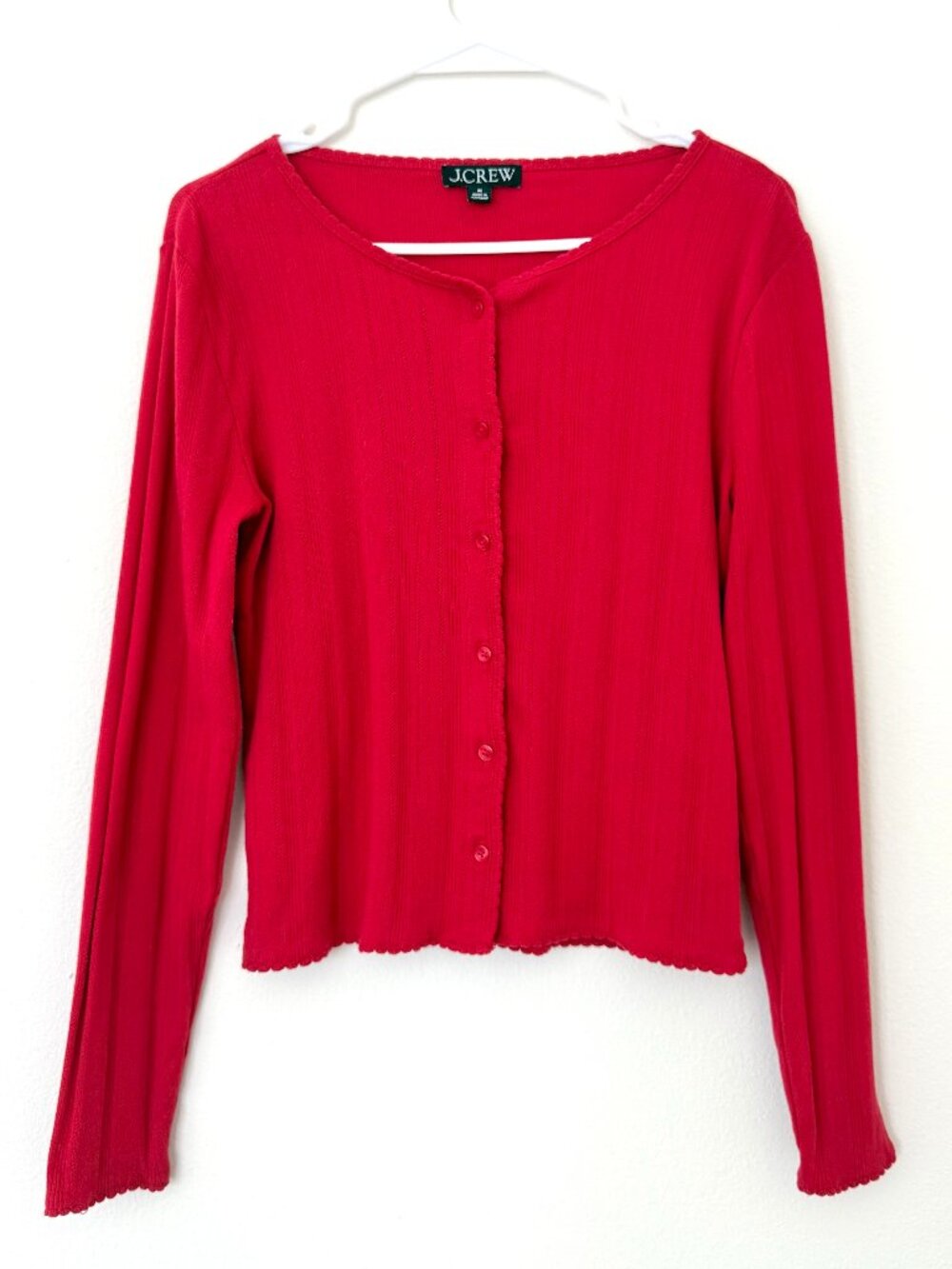 J.Crew Red Pointelle Scallop Cardigan 100% Cotton Size M